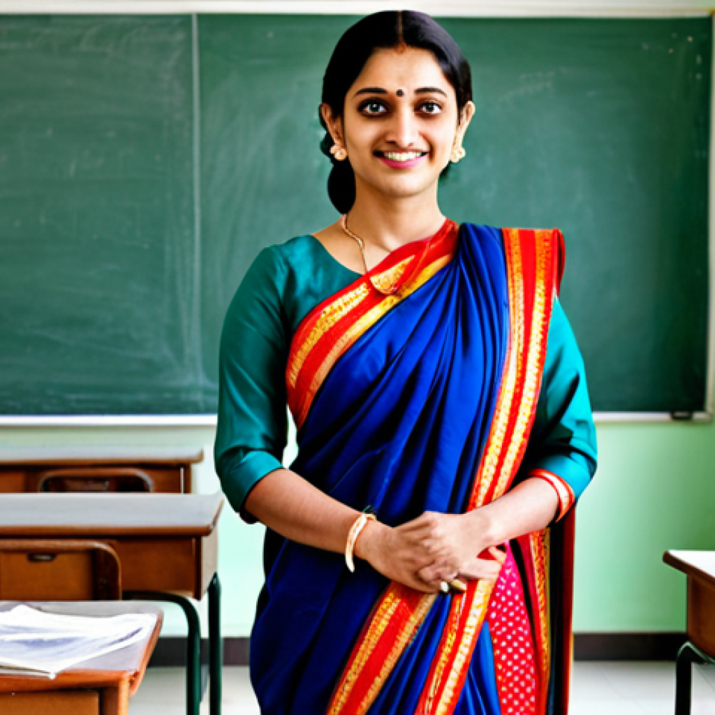**
"A professional teacher in a modest saree, standing in a bright and welcoming classroom, fully clothed, appropriate attire, safe for work, perfect anatomy, natural proportions, educational setting, high quality."
**
