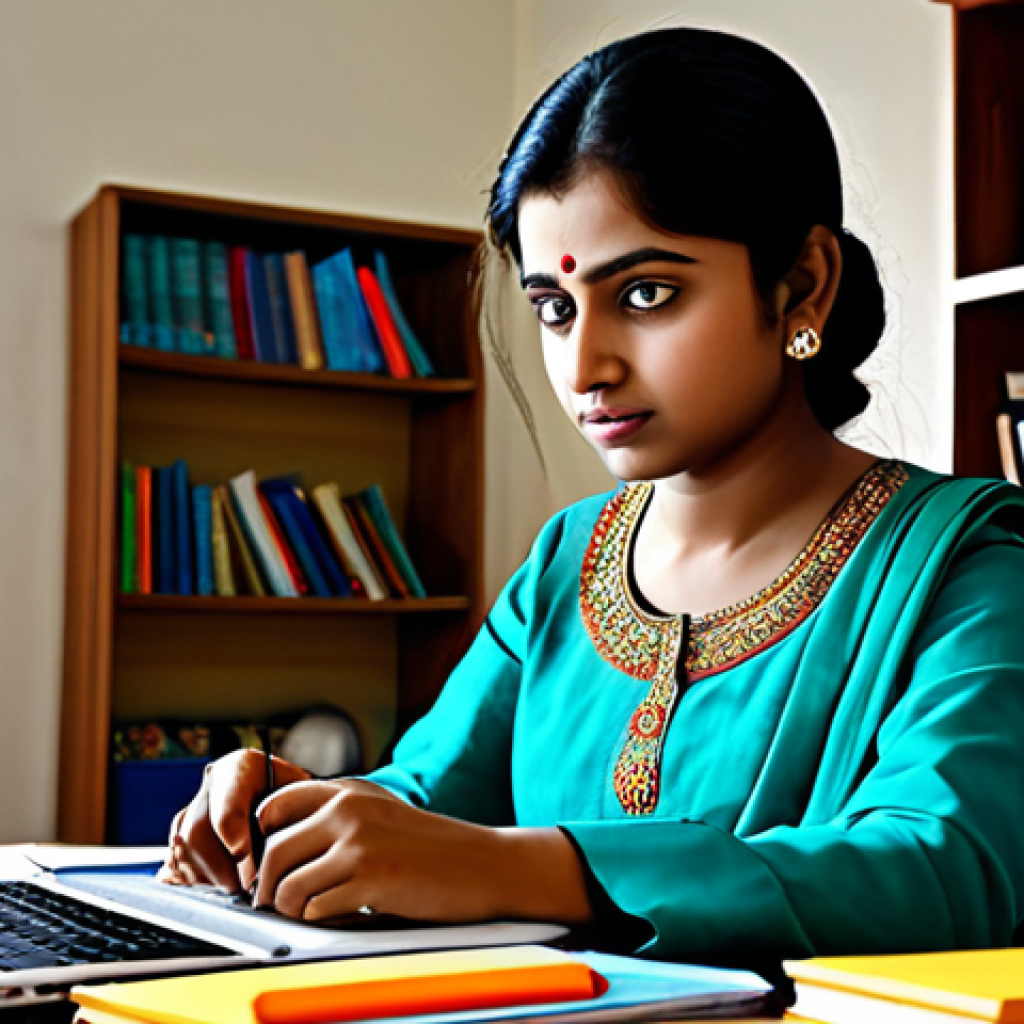 **Prompt:** "A young Bengali woman, fully clothed in a traditional salwar kameez, studying intently at a brightly lit desk overflowing with books and a laptop displaying an online learning platform, appropriate attire, safe for work, emphasizing focus and determination, family-friendly, professional."