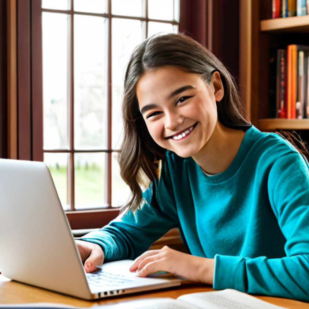 자기주도학습코치 성공 노하우 - **
A young, smiling student, fully clothed in casual attire, enthusiastically studying books and us...