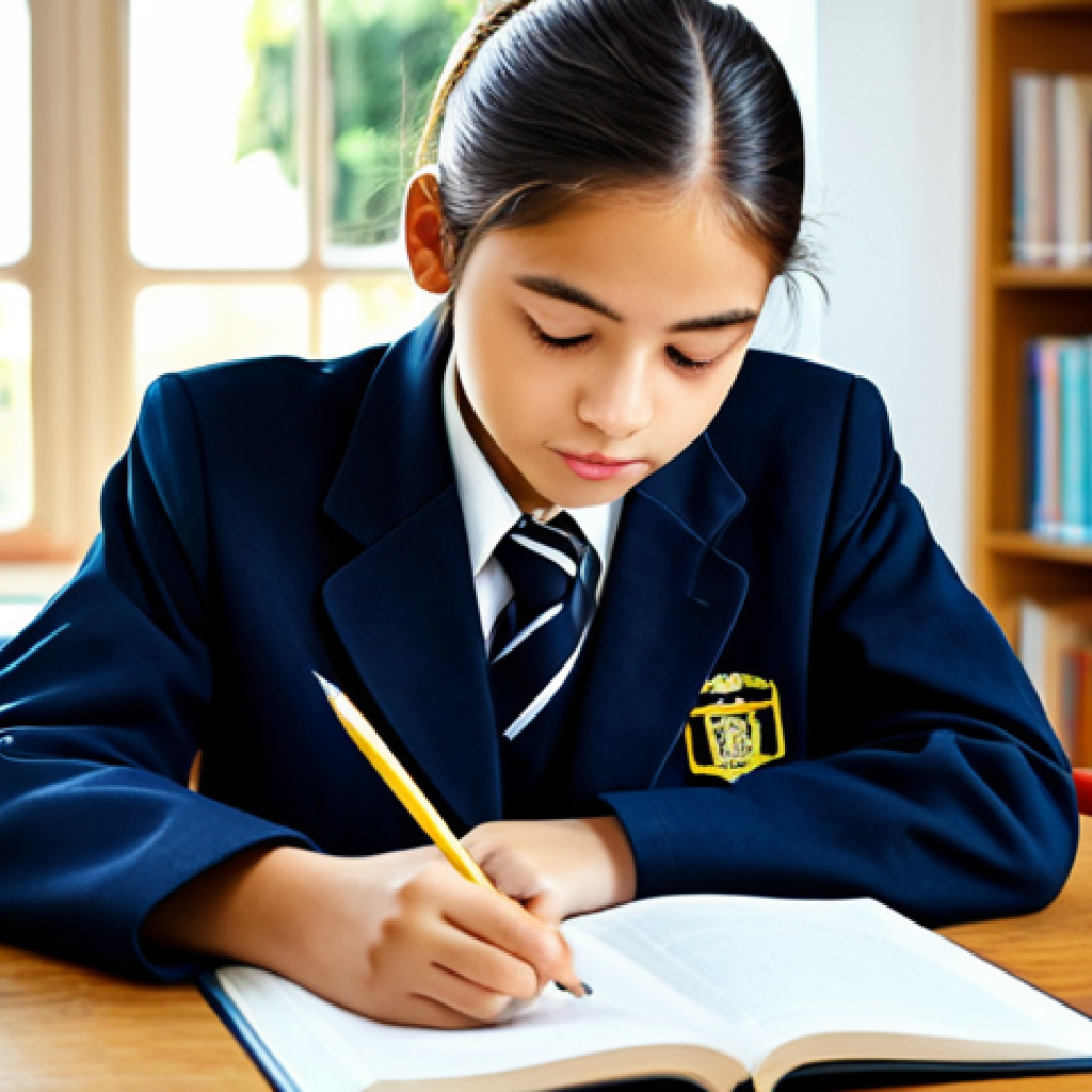자기주도학습코치 고객 상담 포인트 - A young student, fully clothed in a school uniform, studying attentively at a desk in a brightly lit...