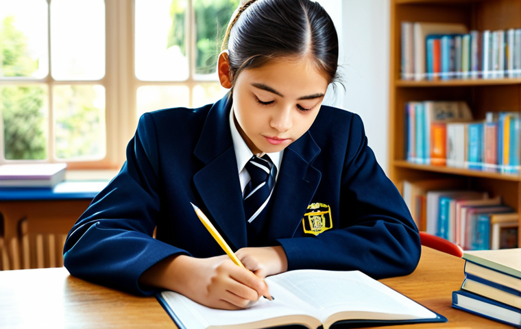 자기주도학습코치 고객 상담 포인트 - A young student, fully clothed in a school uniform, studying attentively at a desk in a brightly lit...