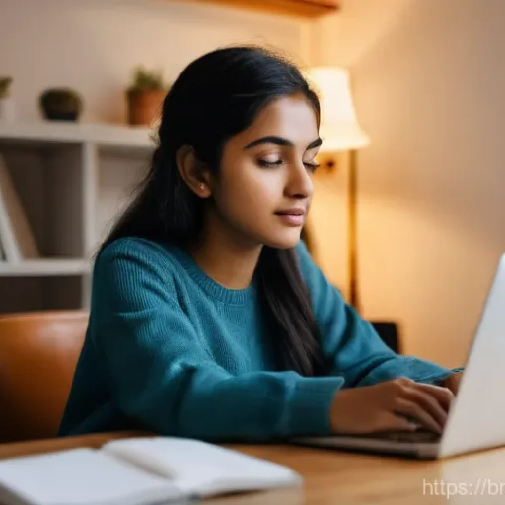 자기주도학습코치와 평생교육 연계 - **Prompt:** A young, focused woman of South Asian descent, sitting comfortably in a well-lit, minima...