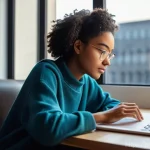 자기주도학습코치 자격증 취득 성공 후기 - **Prompt:** A diverse young adult, wearing comfortable, modest everyday clothes, sits in a modern, w...